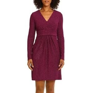 Maggy London Dress Metallic Ruched Long Sleeve V-Neck Fit & Flare Mini Purple 6